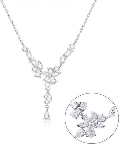 Cubic Zirconia Y-Necklace for Women - Marquise Cut Floral Drop Lariat Necklace for Bridal Wedding Prom - Sparkling Silver Tone Jewelry for V-Neck Dress & Evening Gown in Saudi Arabia