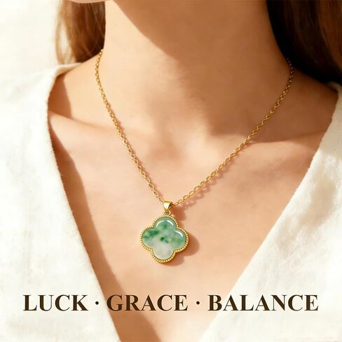 Four Leaf Clover Necklace for Women, Gold Plated Lucky Clover Green Jade Pendant Necklace, 4 Leaf Clover Necklace St. Patrick's Day Jewelry Gifts for Wife Lover Her in Kuwait