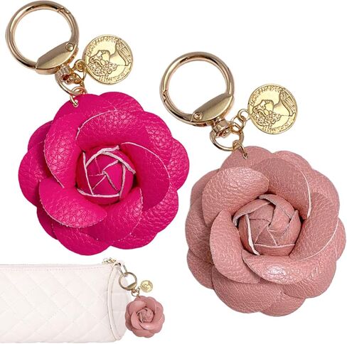 2 PCS Leather Flower Keychain Bag Charm Camellia Leather Flower Keychain Purse Charms Floral Jewelry Car Decoration Pink Key Ring Elegant Rose Purse Charms Retro Keychains Accessories for Women Girls in Saudi Arabia