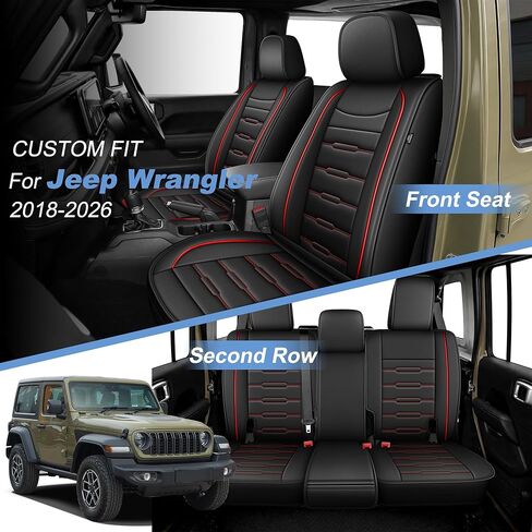 AOMSAZTO Car Seat Covers Custom Fit for Jeep Wrangler JL 4-Door 2018 2019 2020 2021 2022 2023 2024 2025 2026,Faux Leather Seat Protectors for Truck Pickup（5 Seats,Black） in Saudi Arabia