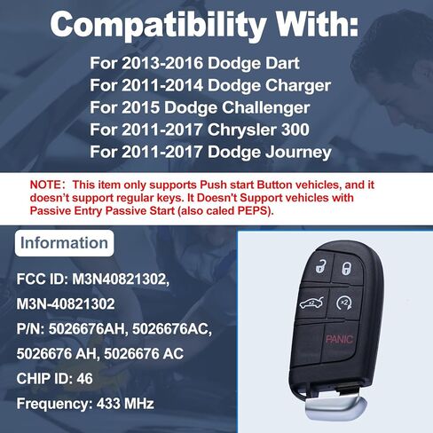 طقم استبدال مفتاح فوب DIY متوافق مع دودج تشارجر كرايسلر 300 رحلة دارت 2011-2017 دخول بدون مفتاح عن بعد FCC ID:M3N-40821302 5 أزرار in Kuwait