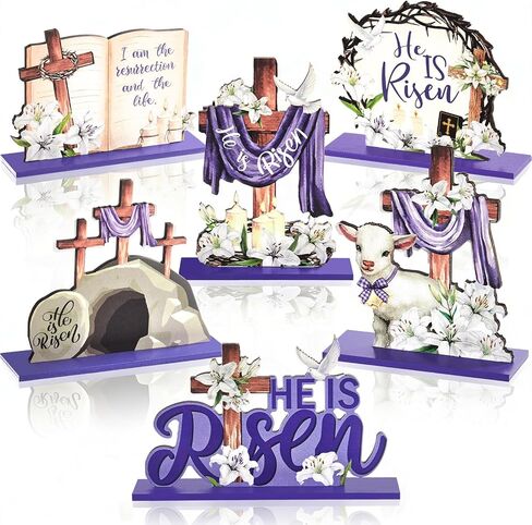 6 Pcs Easter Religious Wooden Table Sign Decoration Religious He Is Risen Wood Tabletop Centerpiece Jesus Cross Rustic Table Decorations for Easter Party Farmhouse Home Office Tiered Tray Decor in Kuwait