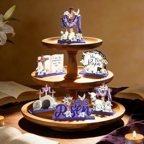 6 Pcs Easter Religious Wooden Table Sign Decoration Religious He Is Risen Wood Tabletop Centerpiece Jesus Cross Rustic Table Decorations for Easter Party Farmhouse Home Office Tiered Tray Decor in Kuwait