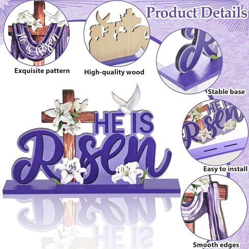 6 Pcs Easter Religious Wooden Table Sign Decoration Religious He Is Risen Wood Tabletop Centerpiece Jesus Cross Rustic Table Decorations for Easter Party Farmhouse Home Office Tiered Tray Decor in Kuwait