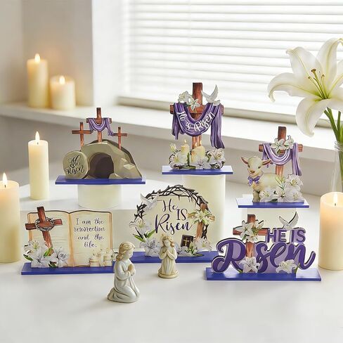 6 Pcs Easter Religious Wooden Table Sign Decoration Religious He Is Risen Wood Tabletop Centerpiece Jesus Cross Rustic Table Decorations for Easter Party Farmhouse Home Office Tiered Tray Decor in Kuwait