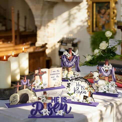 6 Pcs Easter Religious Wooden Table Sign Decoration Religious He Is Risen Wood Tabletop Centerpiece Jesus Cross Rustic Table Decorations for Easter Party Farmhouse Home Office Tiered Tray Decor in Kuwait