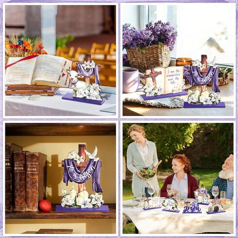 6 Pcs Easter Religious Wooden Table Sign Decoration Religious He Is Risen Wood Tabletop Centerpiece Jesus Cross Rustic Table Decorations for Easter Party Farmhouse Home Office Tiered Tray Decor in Kuwait
