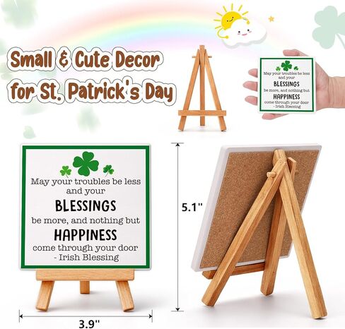 St Patricks Day Decoration - Happy Saint Patrick’s Day Accessories Decor, Wood Ceramic Irish Blessing Table Desk Sign, Green Lucky Shamrock Home Office Spring Tiered Tray Decor Centerpiece in Saudi Arabia
