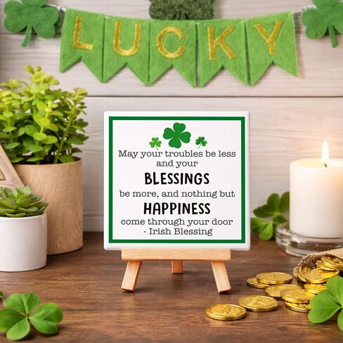 St Patricks Day Decoration - Happy Saint Patrick’s Day Accessories Decor, Wood Ceramic Irish Blessing Table Desk Sign, Green Lucky Shamrock Home Office Spring Tiered Tray Decor Centerpiece in Saudi Arabia