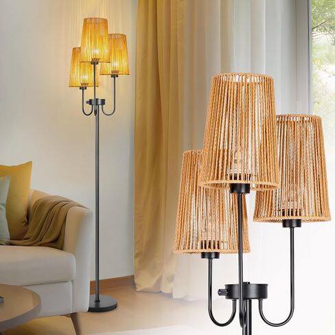 Rattan Floor Lamp for Living Room,3-Light Farmhouse Standing Lamp with Rattan Shades, 65" Tall Rustic Tall Lamps for Bedroom,Office,3 x E26 LED Bulb Included in Saudi Arabia