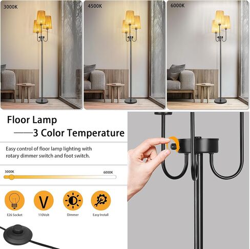 Rattan Floor Lamp for Living Room,3-Light Farmhouse Standing Lamp with Rattan Shades, 65" Tall Rustic Tall Lamps for Bedroom,Office,3 x E26 LED Bulb Included in Saudi Arabia