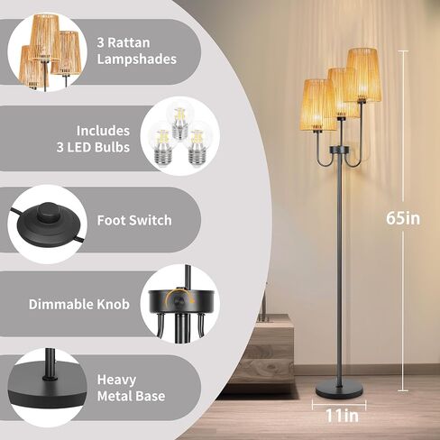 Rattan Floor Lamp for Living Room,3-Light Farmhouse Standing Lamp with Rattan Shades, 65" Tall Rustic Tall Lamps for Bedroom,Office,3 x E26 LED Bulb Included in Saudi Arabia