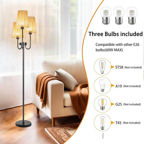 Rattan Floor Lamp for Living Room,3-Light Farmhouse Standing Lamp with Rattan Shades, 65" Tall Rustic Tall Lamps for Bedroom,Office,3 x E26 LED Bulb Included in Saudi Arabia