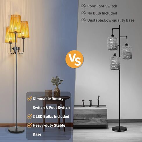 Rattan Floor Lamp for Living Room,3-Light Farmhouse Standing Lamp with Rattan Shades, 65" Tall Rustic Tall Lamps for Bedroom,Office,3 x E26 LED Bulb Included in Saudi Arabia
