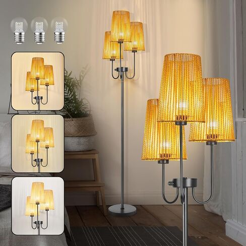 Rattan Floor Lamp for Living Room,3-Light Farmhouse Standing Lamp with Rattan Shades, 65" Tall Rustic Tall Lamps for Bedroom,Office,3 x E26 LED Bulb Included in Saudi Arabia