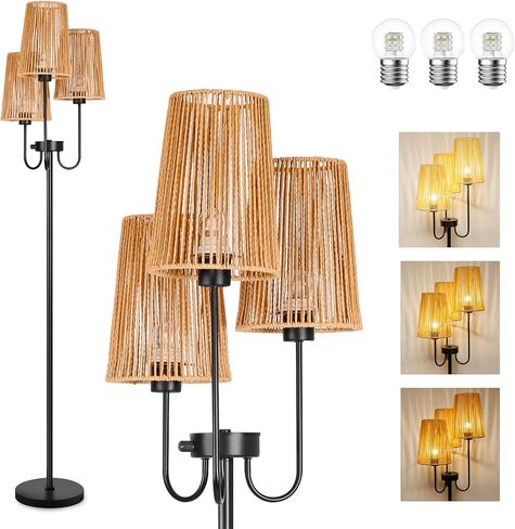 Rattan Floor Lamp for Living Room,3-Light Farmhouse Standing Lamp with Rattan Shades, 65" Tall Rustic Tall Lamps for Bedroom,Office,3 x E26 LED Bulb Included in Saudi Arabia
