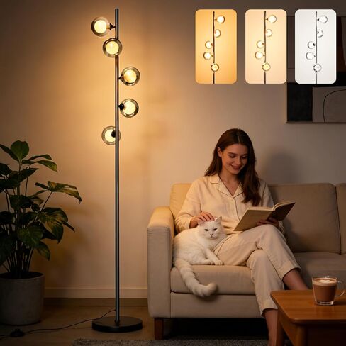 Mid Century Modern Floor Lamp, 5-Light Glass Globe Tall Standing Tree Lamp, Smoked Double-Glass Shades, 3 Color Temp G9 Bulbs Included, 1800LM Bright Corner Light for Living Room, Bedroom in Saudi Arabia
