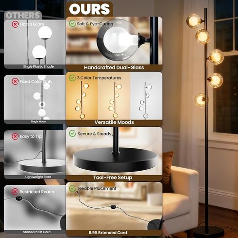 Mid Century Modern Floor Lamp, 5-Light Glass Globe Tall Standing Tree Lamp, Smoked Double-Glass Shades, 3 Color Temp G9 Bulbs Included, 1800LM Bright Corner Light for Living Room, Bedroom in Saudi Arabia