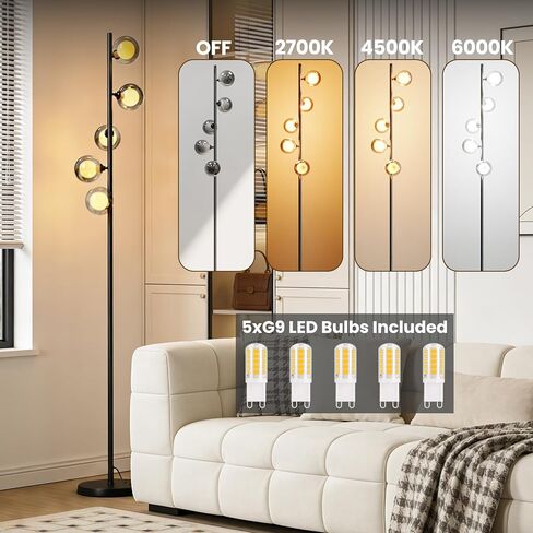 Mid Century Modern Floor Lamp, 5-Light Glass Globe Tall Standing Tree Lamp, Smoked Double-Glass Shades, 3 Color Temp G9 Bulbs Included, 1800LM Bright Corner Light for Living Room, Bedroom in Saudi Arabia