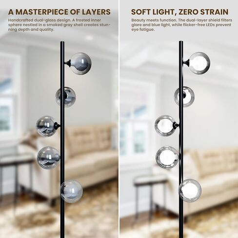 Mid Century Modern Floor Lamp, 5-Light Glass Globe Tall Standing Tree Lamp, Smoked Double-Glass Shades, 3 Color Temp G9 Bulbs Included, 1800LM Bright Corner Light for Living Room, Bedroom in Saudi Arabia