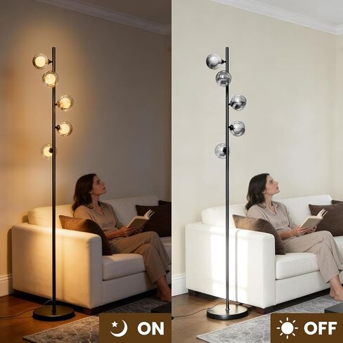 Mid Century Modern Floor Lamp, 5-Light Glass Globe Tall Standing Tree Lamp, Smoked Double-Glass Shades, 3 Color Temp G9 Bulbs Included, 1800LM Bright Corner Light for Living Room, Bedroom in Saudi Arabia