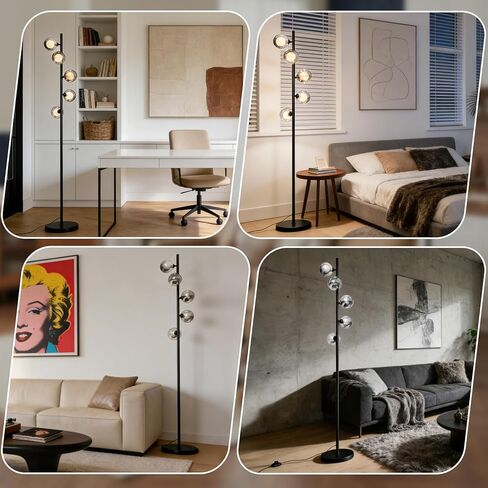 Mid Century Modern Floor Lamp, 5-Light Glass Globe Tall Standing Tree Lamp, Smoked Double-Glass Shades, 3 Color Temp G9 Bulbs Included, 1800LM Bright Corner Light for Living Room, Bedroom in Saudi Arabia