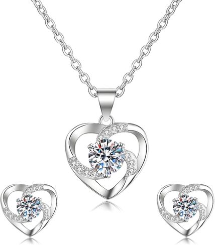 Crystal Heart Necklace Earrings Set for Women Fashion Elegant Cubic Zirconia Pendant Necklace S925 Sterling Silver Stud Earrings to Wife Girlfriend Mom Daughter Anniversary Birthday Christmas Valentines Day Gifts in Saudi Arabia