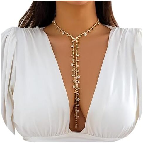 Sexy Full Rhinestone Simple Long Tassel Necklace Summer Crystal Claw Body Chain Necklace Statement Rhinestone Choker Necklace Bikini Chest Body Chain Jewelry for Women Girls in Saudi Arabia