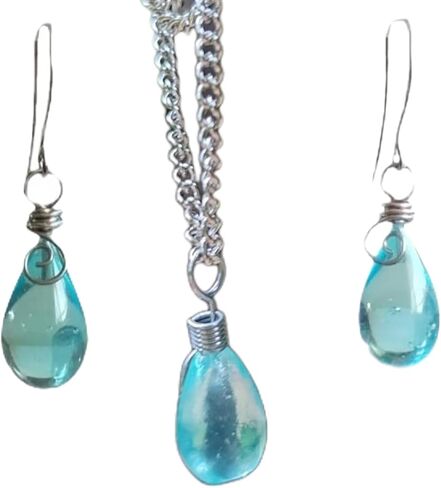 Recycled Glass ，Water droplet Earrings Necklace，Handmade Drop Earrings/Necklace，Beach Jewelry Inspirational Gifts for Women, Mom, Sister in Kuwait