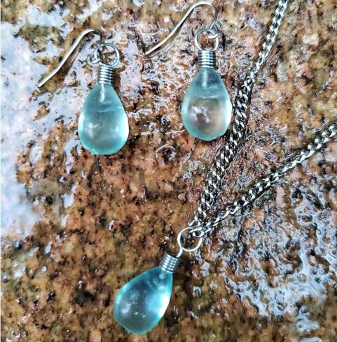 Recycled Glass ，Water droplet Earrings Necklace，Handmade Drop Earrings/Necklace，Beach Jewelry Inspirational Gifts for Women, Mom, Sister in Kuwait