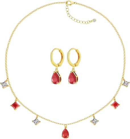 CZ Tearsdrop Necklace Earrings Jewelry Set 18K Gold Plated Diamond Cubic Zirconia Choker Pendant Necklace Red Emerald Green Black stone Necklace Earring for Party Prom Gothic Jewelry Gift in Saudi Arabia