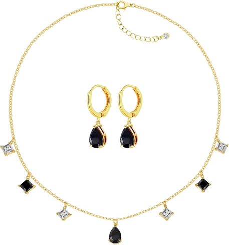 تشيكوسلوفاكيا دمعة قلادة أقراط مجموعة مجوهرات 18K الذهب مطلي الماس مكعب زركونيا المختنق قلادة قلادة الأحمر الزمرد الأخضر الأسود حجر قلادة القرط لحفلة موسيقية القوطية مجوهرات هدية in Kuwait