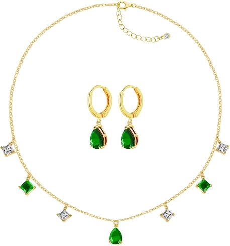 CZ Tearsdrop Necklace Earrings Jewelry Set 18K Gold Plated Diamond Cubic Zirconia Choker Pendant Necklace Red Emerald Green Black stone Necklace Earring for Party Prom Gothic Jewelry Gift in Saudi Arabia