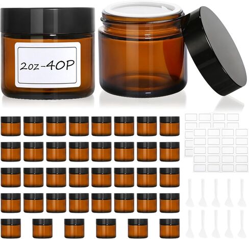 60 Pcs 2 Oz Amber Glass Jars with Lids, Round Glass Jars with Inner Liners, Leak-Proof, UV-Protective, Candle Jars for Essential Oils, Herbs, Spices, DIY Crafts, 60 Labels & 10 Spatulas in Kuwait