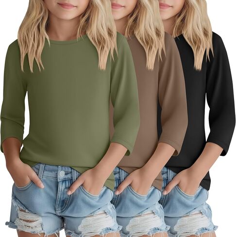 3 Pack Girls 3/4 Sleeve T Shirts Kids Crewneck Tops Casual Basic Spring and Summer Cute Fashion Tees 5-14Y in Saudi Arabia