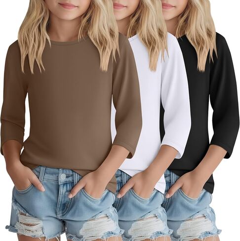 3 Pack Girls 3/4 Sleeve T Shirts Kids Crewneck Tops Casual Basic Spring and Summer Cute Fashion Tees 5-14Y in Saudi Arabia