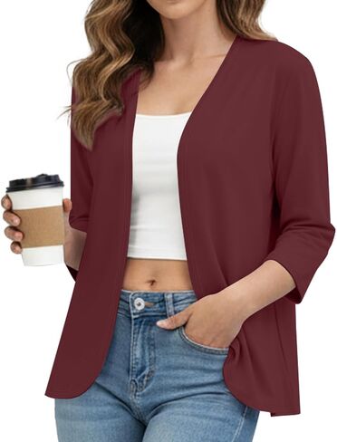 Women's Soft Lightweight 3/4 Sleeve Open Front Cardigan, Curved Hem Hip-Length Work Office Casual Layering in Kuwait