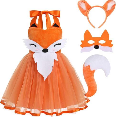 Girl Fox Halloween Costume Kids Animal Dress Toddler Tutu Outfit With Tail, Mask, and Ears Headband Set - Orange 3-4 Years in Saudi Arabia