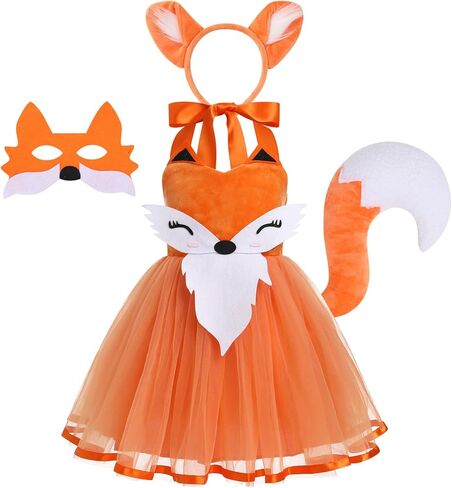 Girl Fox Halloween Costume Kids Animal Dress Toddler Tutu Outfit With Tail, Mask, and Ears Headband Set - Orange 3-4 Years in Saudi Arabia