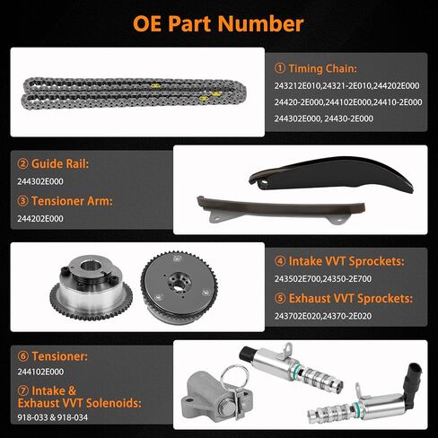 24350-2E700 Timing Chain Kit w/VVT Camshaft Sprockets Solenoids for Hyundai Elantra 2017-2020 Kona 2018-2021 Veloster 2019-2021 Kia Forte 5 2017-2018 2.0L Replace 24321-2E010,918-034 (24350-2E700) in Kuwait