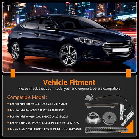 24350-2E700 Timing Chain Kit w/VVT Camshaft Sprockets Solenoids for Hyundai Elantra 2017-2020 Kona 2018-2021 Veloster 2019-2021 Kia Forte 5 2017-2018 2.0L Replace 24321-2E010,918-034 (24350-2E700) in Kuwait