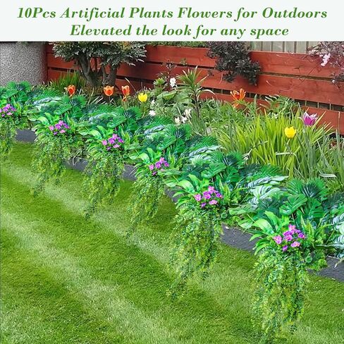نباتات صناعية خارجية نباتات خضراء صناعية معلقة سرخس، 10 حزم واقعية من نباتات Monstera Palm Boston Fern Ivy للمزارعين في الهواء الطلق، شجيرات وهمية مقاومة للأشعة فوق البنفسجية، شجيرات استوائية دائمة الخضرة لفصل الربيع in Kuwait