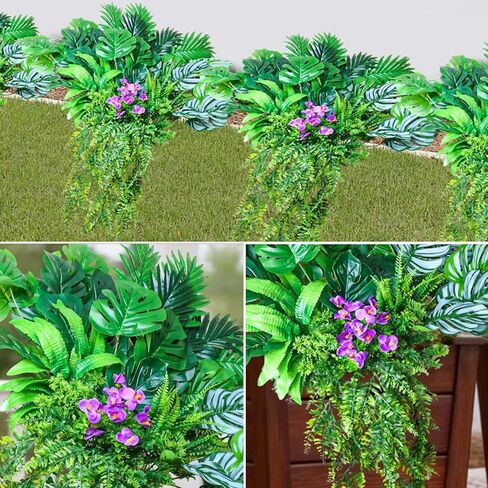 نباتات صناعية خارجية نباتات خضراء صناعية معلقة سرخس، 10 حزم واقعية من نباتات Monstera Palm Boston Fern Ivy للمزارعين في الهواء الطلق، شجيرات وهمية مقاومة للأشعة فوق البنفسجية، شجيرات استوائية دائمة الخضرة لفصل الربيع in Kuwait