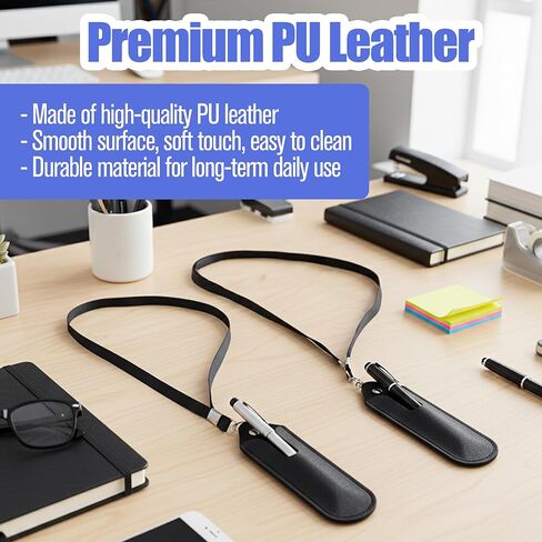 Pen Necklace Lanyard Holder Leather, 2 Pack Straight Faux Leather Pencil Case, Black PU with Pouch, Anti Lost Simple Portable Storage, Small MP3 Voice Recording Pen Cover Protective Cases in Saudi Arabia