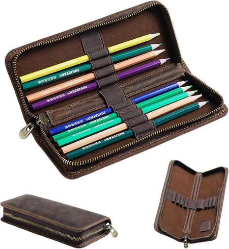 منظم حافظة أقلام من الجلد الطبيعي، حقيبة تخزين جلدية على طراز القهوة لأقلام الرصاص وأقلام التحديد والأقلام واللوازم الفنية، 10 أقلام خشبية لتخزين علبة القلم المحمولة للمكتب الرجل والمرأة in Kuwait