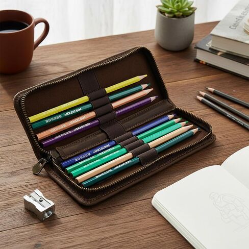 منظم حافظة أقلام من الجلد الطبيعي، حقيبة تخزين جلدية على طراز القهوة لأقلام الرصاص وأقلام التحديد والأقلام واللوازم الفنية، 10 أقلام خشبية لتخزين علبة القلم المحمولة للمكتب الرجل والمرأة in Kuwait