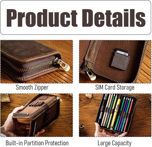 منظم حافظة أقلام من الجلد الطبيعي، حقيبة تخزين جلدية على طراز القهوة لأقلام الرصاص وأقلام التحديد والأقلام واللوازم الفنية، 10 أقلام خشبية لتخزين علبة القلم المحمولة للمكتب الرجل والمرأة in Kuwait