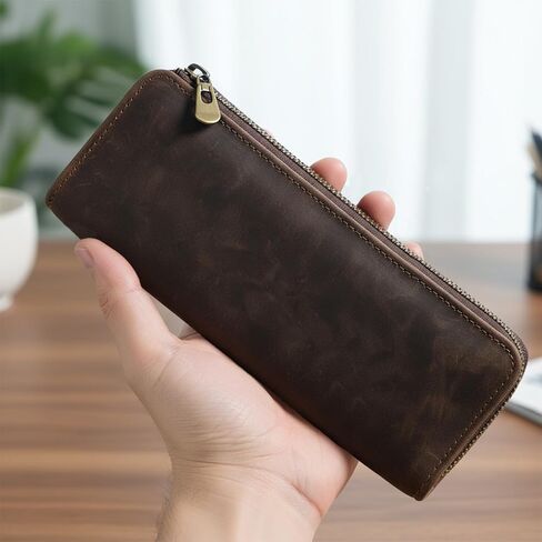 منظم حافظة أقلام من الجلد الطبيعي، حقيبة تخزين جلدية على طراز القهوة لأقلام الرصاص وأقلام التحديد والأقلام واللوازم الفنية، 10 أقلام خشبية لتخزين علبة القلم المحمولة للمكتب الرجل والمرأة in Kuwait