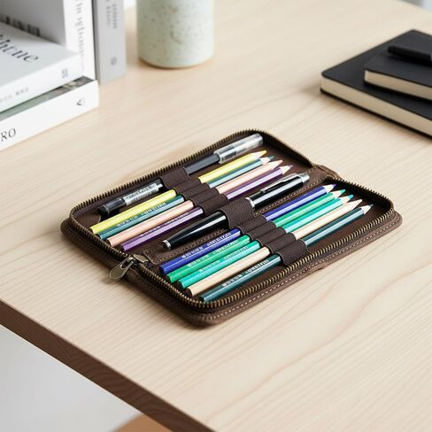 منظم حافظة أقلام من الجلد الطبيعي، حقيبة تخزين جلدية على طراز القهوة لأقلام الرصاص وأقلام التحديد والأقلام واللوازم الفنية، 10 أقلام خشبية لتخزين علبة القلم المحمولة للمكتب الرجل والمرأة in Kuwait