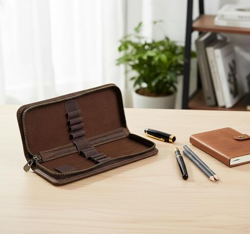 منظم حافظة أقلام من الجلد الطبيعي، حقيبة تخزين جلدية على طراز القهوة لأقلام الرصاص وأقلام التحديد والأقلام واللوازم الفنية، 10 أقلام خشبية لتخزين علبة القلم المحمولة للمكتب الرجل والمرأة in Kuwait